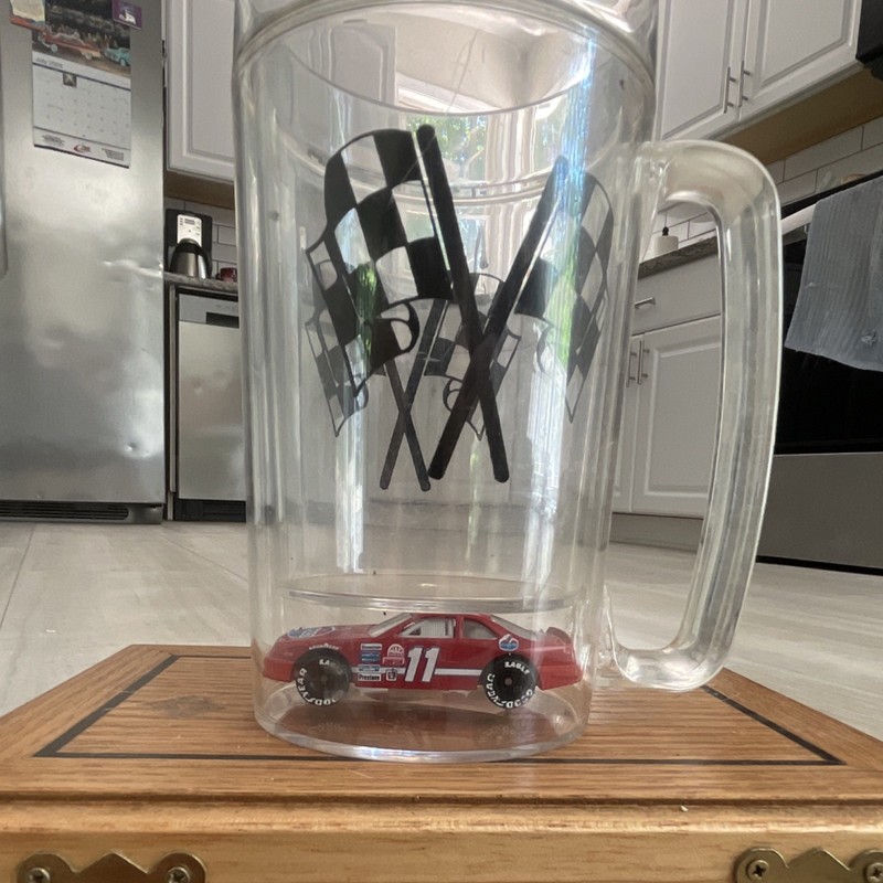 Bill Elliot Clear Beer Mug Stein w/ Handle, Checkered Flags & Red #11 Race Car  