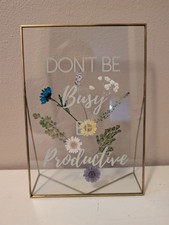 Gold Tone Geometric Glass Floating Frame With Pressed Flowers  Encouraging Note