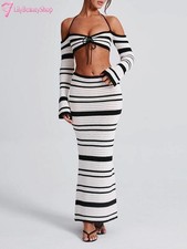 2025 New Women's 2 Piece Skirt Outfits Halter Neck Knit Striped Tops Long Skinny