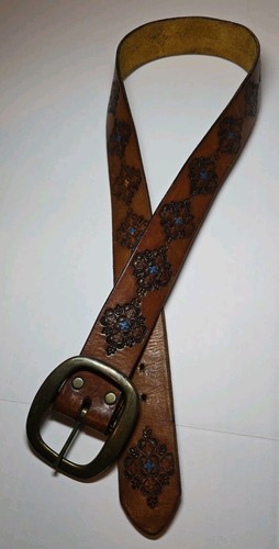 Vtg 70s Unisex Tooled Leather Western Belt Blue Painted Diamond Floral Boho 1.5"