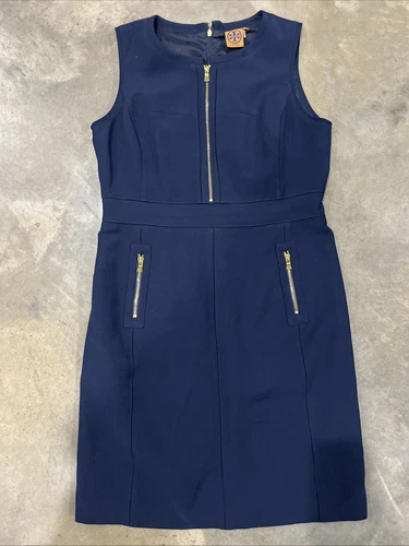 Abito tubino aderente senza maniche Tory Burch Mariel blu navy taglia 14 cerniere oro