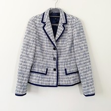 NWOT Talbots Tweed Blazer Women 10 Blue White Grosgrain Trim Textured Jacket