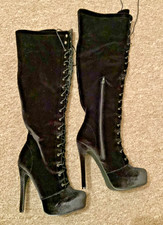 Long black velvet wide leg lace up over knee goth boots size 8 vgc plus size