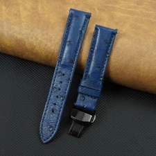 18mm Blue Ostrich Leather Watch Band Black Deployment Buckle Handmade Men Gift
