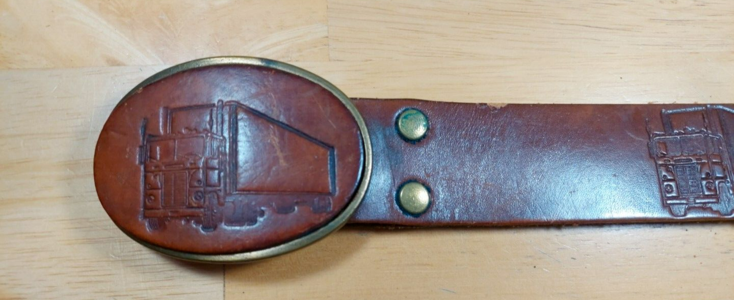 Leather Belt Embossed w/Semi Truck Size 34 Removable Buckle with Leather Inlay-image