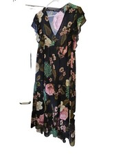ZARA long dress chiffon black floral leaf multi ruffles sheer lined S women