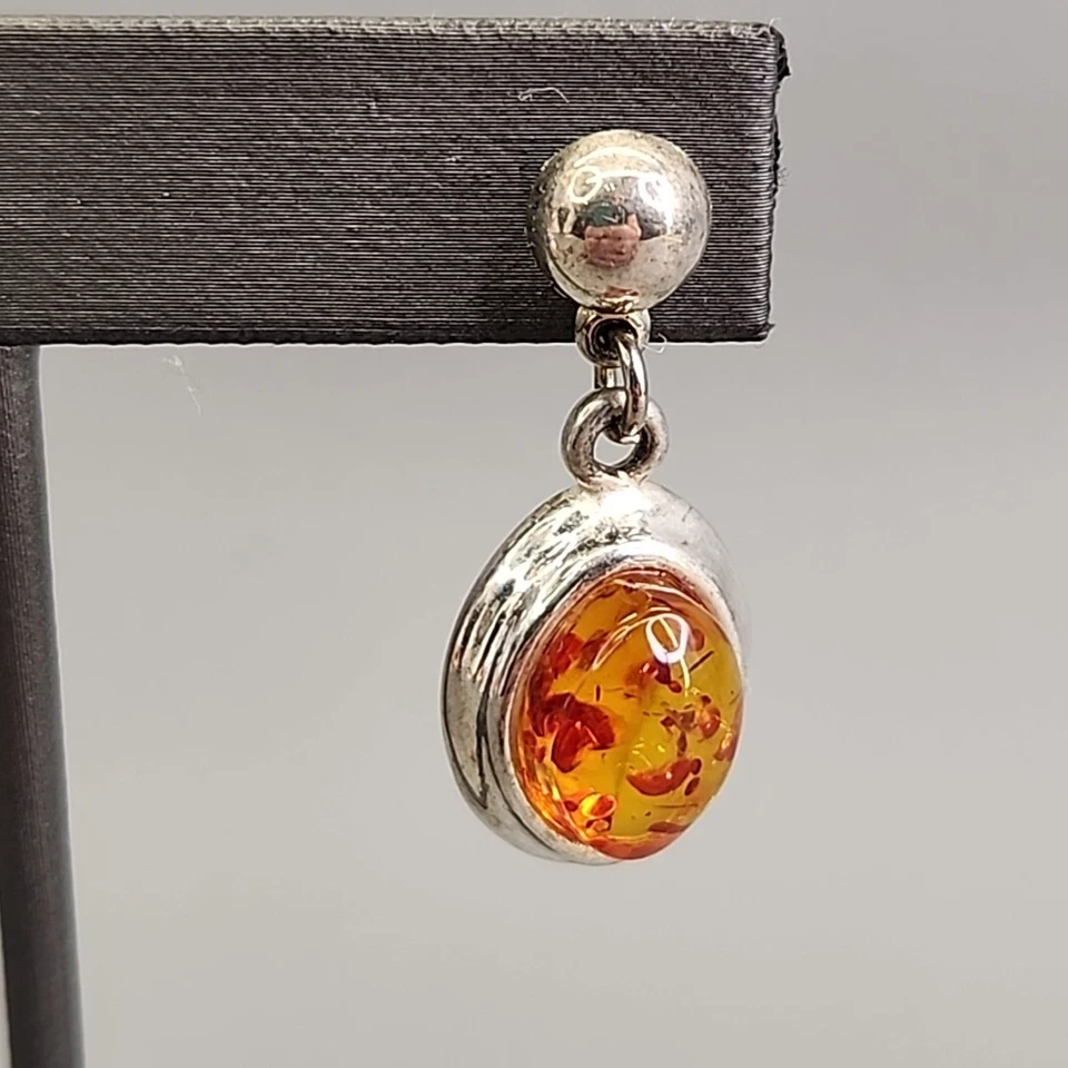 Pendientes perforados ámbar ovalados colgantes bisel naranja espalda abierta tono plata 1,25" Foto 4 de 4