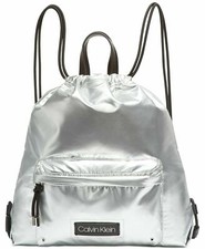 NEW CALVIN KLEIN SILVER REFLECTIVE SHEEN NYLON,DRAWSTRING,SHOULDER BAG TOTE
