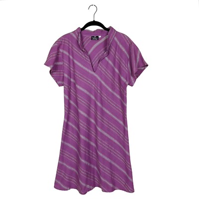 Floating Lotus Dress Women's L Purple Striped Split Neck Cap Short Sleeve Summer