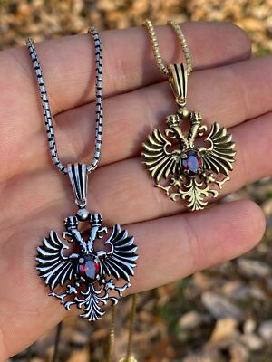 Real 925 Sterling Silver Russian Double Headed Eagle Red Gemstone CZ Gold Plated