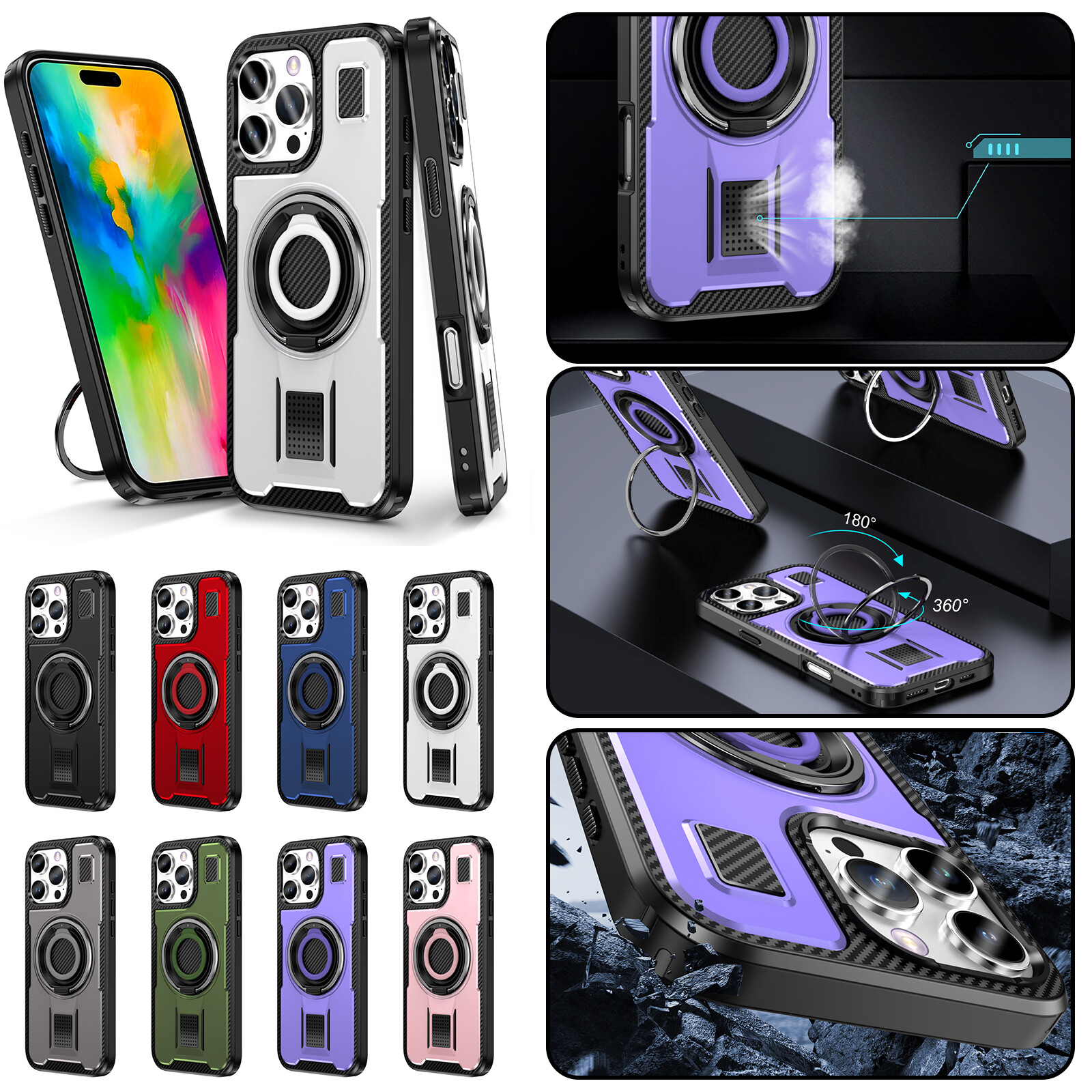 For iPhone 16 Pro Max 15 14 13 12 11 Ring Kickstand Shockproof Rugged Phone Case