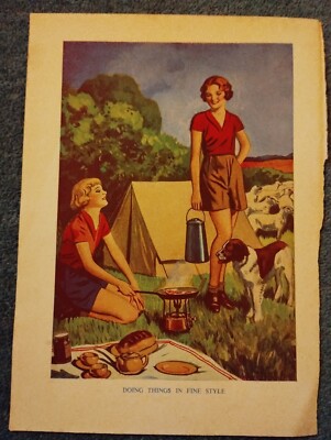A7b Ephemera Buch Bild Mädchen Camping Dinge in schönem Stil tun 