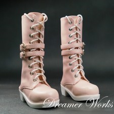 1/4 1/3 BJD Shoes PU Leather Mid-calf Boots Lace-up 2 Belts Round-toe Pink AOD