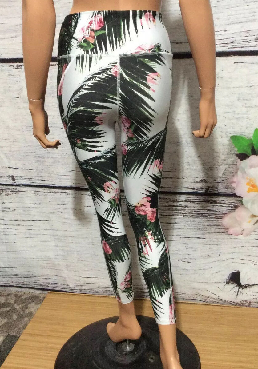 WOMENS FABLETICS HIGH WAISTED POWERHOLD TROPICAL FLORAL WHITE/GREEN LEGGING  ~ XS