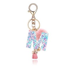 Resin Alphabet Initial Letter Keychain Keyring for Women Pink Fur Ball Letter M