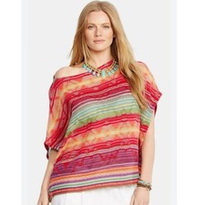Lauren Ralph Lauren Rainbow Striped Linen Cotton Southwestern Poncho Sweater PXS