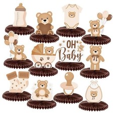 12 Pcs Bear Baby Shower Honeycomb Centerpieces Neutral Cream Bear Baby Brown