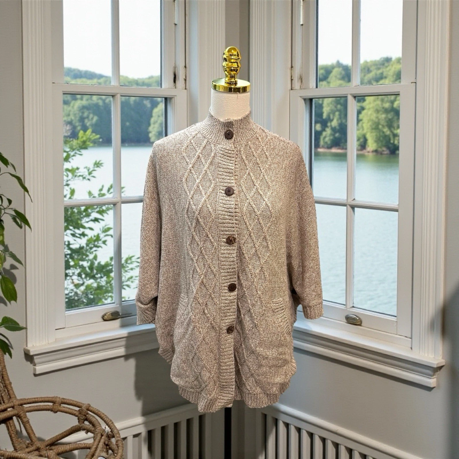 The Vermont Country Store Wool Blend Sweater Poncho Cape Button Up One Sz NWOT