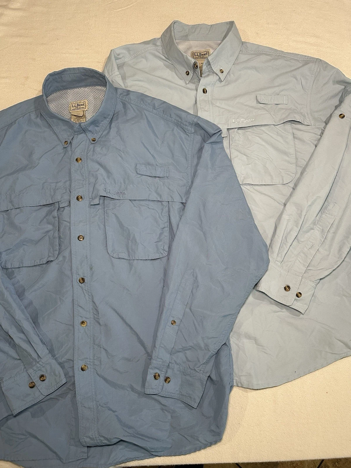LL Bean Set Of 2 Mens L Fishing Button Long Sleeve Shirts Blue And Light Blue