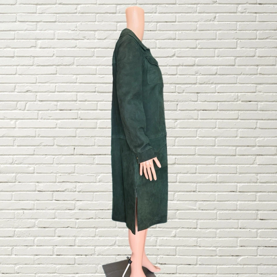 Vintage 70s Green Suede Midi Dress - Long Sleeve O Ring Zip Hippie - Image 3 of 4