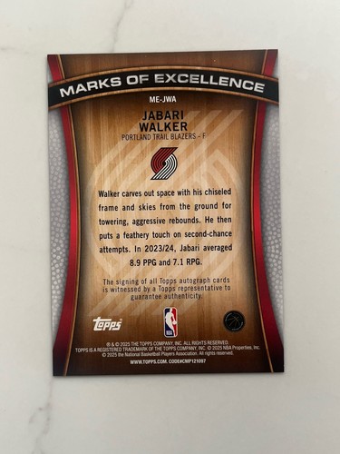 Nba Check Mark 2025-26 Topps NBA Marks of Excellence #ME-JWA Jabari Walker Auto Trail ...