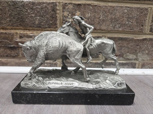 Vintage 1971 "BUFFALO HUNT" FINE PEWTER SCULPTURE Artist by Philip Kraczkowski