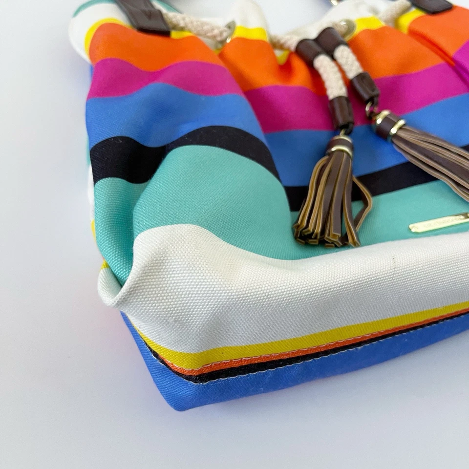 Liz Claiborne Purse Sectional Striped Rainbow Serape Canvas Faux Leather Handbag - Image 4 of 4