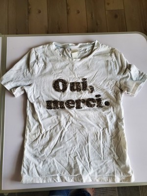 *Good Cond*-Barely Worn* H+M XS ''Oui, Merci.'' White and Beaded Cotton T-Shirt