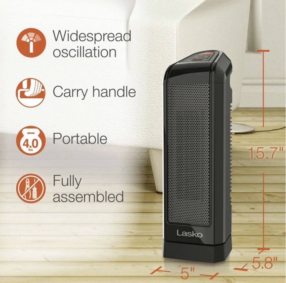 Lasko 1500W Ceramic Tower Space Heater with Remote, CT16670, Black - Image 2 of 4