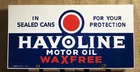 VINTAGE 1934 DATED HAVOLINE MOTOR OIL WAX FREE 21” PORCELAIN SEALED CANS SIGN