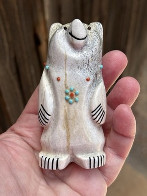 Native American Bear Fetish Carved by Zuni Artist Claudia Peina - 3-3/8  tall