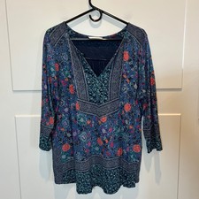 Lucky Brand Womens 2X Blue Floral Paisley Mixed Print Boho Split Neck Tunic Top