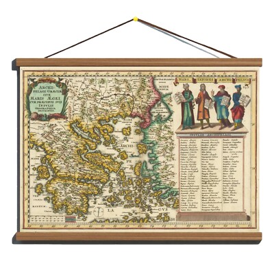 Antique 1700 Map: Ancient Greece w/ Symbolism Of 4 Religion Canvas Wooden Hanger