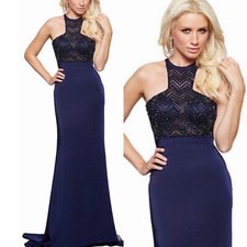 Navy Beaded Illusion Formal Gown Pageant Dress Prom Dress Size XS New With Tags
