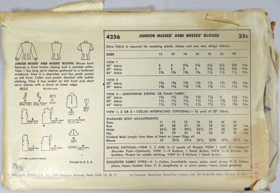 Vtg Simplicity Sewing Pattern 4256 Button Front Shirt Sleeve Choice 1953 Sz 14 - Image 4 of 4