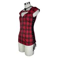 JAWBREAKER PUNK ROCK TATTOO SKULLS RED PLAID ME UP FRONT ZIP TOP SHIRT TPA1743