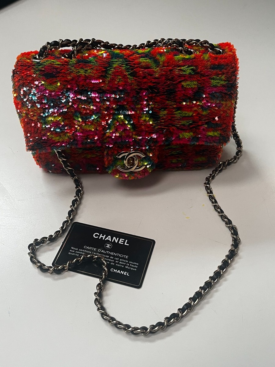 Chanel Neon Rainbow Letter Logo Graffiti Sequin. Small Single Flap
