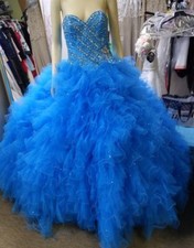 Azure Blue, Ruffle Layered, Strapless, Beaded Top Quinceanera Dress