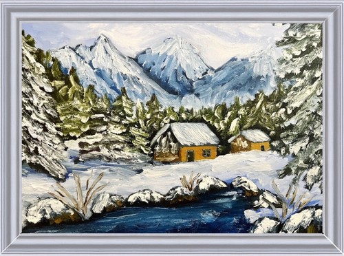Winterhüttenszene Ölgemälde gerahmt Seehaus original signiert Kunstwerk Geschenk