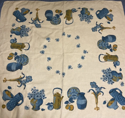 Vintage MCM Linen Tablecloth Vases And Vessels Blues Gold EUC! 48”x51”