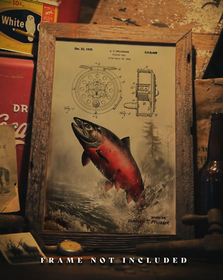 Vintage Fly Fishing Art Print 11x17 Pflueger Fishing Reel Sockeye Salmon Artwork