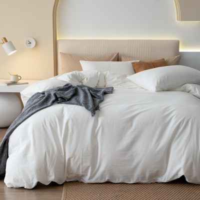 JIYUAN 100% Washed Cotton Duvet Cover Set Comfy Simple Style Soft Breathable ...