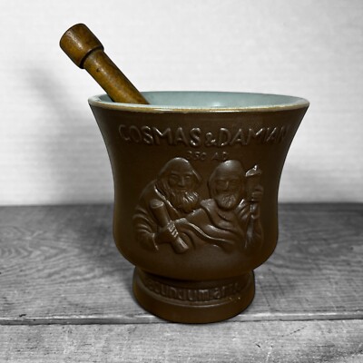 Vintage Cosmas & Damian Schering Mortar & Pestle w/ Coricidin Wood Pestle