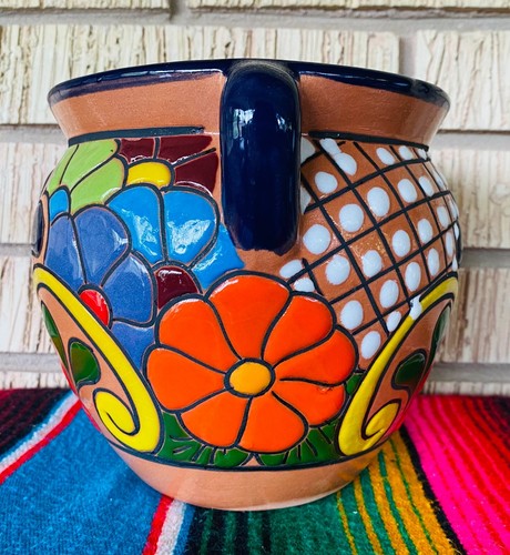 Lg MEXICAN TALAVERA Folk Art POTTERY FLOWER POT PLANTER CERAMIC #21 - Picture 4 of 11