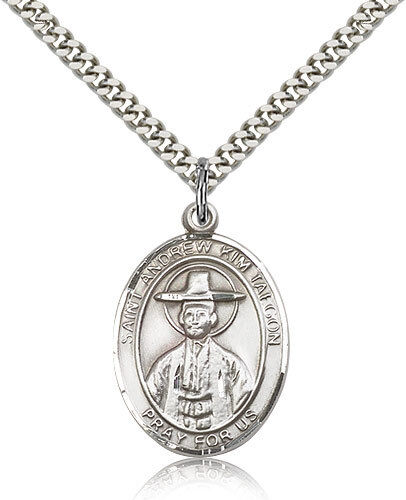 Saint Andrew Kim Taegon Medal For Men - .925 Sterling Silver Necklace On 24 ... - Afbeelding 1 van 1