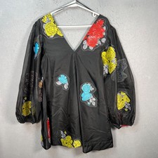 Ganni Womens Size 36 Floral Embroidered Black V-Neck Sheath Dress