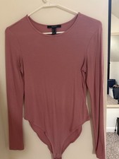 Forever 21 Pink Ribbed Long Sleeve Bodysuit Women  s Size M Regular Solid