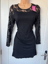 Jasmin Black Floral Lace Sleeve Mini Bodycon Dress Party Occasion M UK 12-14 B92