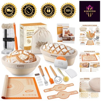 Sourdough Starter Kit with Rattan Banneton Baskets & Glass Jar   Perfect Baki...