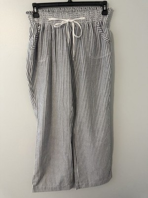 Ci Sono Gray & White L Striped Wise Leg Pants Linen Blend Elastic Waist Pockets